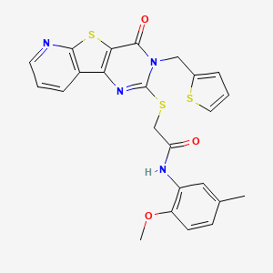 molecular formula C24H20N4O3S3 B2844898 N-(2-methoxy-5-methylphenyl)-2-[[6-oxo-5-(thiophen-2-ylmethyl)-8-thia-3,5,10-triazatricyclo[7.4.0.02,7]trideca-1(9),2(7),3,10,12-pentaen-4-yl]sulfanyl]acetamide CAS No. 1031969-75-1