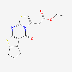 molecular formula C15H14N2O3S2 B2845113 ethyl 2-{8-oxo-4,15-dithia-2,7-diazatetracyclo[7.6.0.0^{3,7}.0^{10,14}]pentadeca-1(9),2,5,10(14)-tetraen-6-yl}acetate CAS No. 438481-38-0
