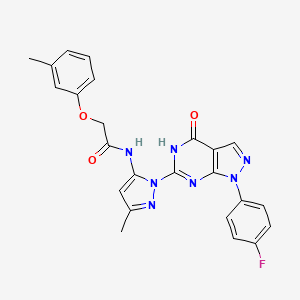 molecular formula C24H20FN7O3 B2845121 N-(1-(1-(4-fluorophenyl)-4-oxo-4,5-dihydro-1H-pyrazolo[3,4-d]pyrimidin-6-yl)-3-methyl-1H-pyrazol-5-yl)-2-(m-tolyloxy)acetamide CAS No. 1020488-57-6