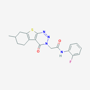 molecular formula C18H17FN4O2S B284538 N-(2-fluorophenyl)-2-(7-methyl-4-oxo-5,6,7,8-tetrahydro[1]benzothieno[2,3-d][1,2,3]triazin-3(4H)-yl)acetamide 