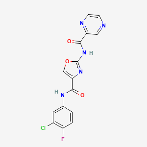 molecular formula C15H9ClFN5O3 B2845486 N-(3-chloro-4-fluorophenyl)-2-(pyrazine-2-carboxamido)oxazole-4-carboxamide CAS No. 1396682-94-2