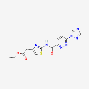 molecular formula C14H13N7O3S B2845542 ethyl 2-(2-(6-(1H-1,2,4-triazol-1-yl)pyridazine-3-carboxamido)thiazol-4-yl)acetate CAS No. 1448033-26-8