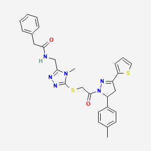 molecular formula C28H28N6O2S2 B2845551 N-((4-methyl-5-((2-oxo-2-(3-(thiophen-2-yl)-5-(p-tolyl)-4,5-dihydro-1H-pyrazol-1-yl)ethyl)thio)-4H-1,2,4-triazol-3-yl)methyl)-2-phenylacetamide CAS No. 362506-02-3