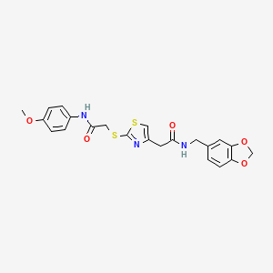 molecular formula C22H21N3O5S2 B2845560 N-(benzo[d][1,3]dioxol-5-ylmethyl)-2-(2-((2-((4-methoxyphenyl)amino)-2-oxoethyl)thio)thiazol-4-yl)acetamide CAS No. 942000-44-4