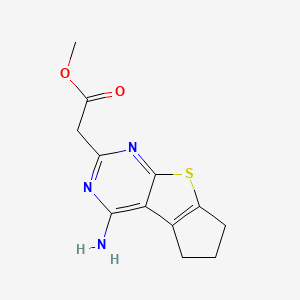 molecular formula C12H13N3O2S B2845589 methyl 2-{12-amino-7-thia-9,11-diazatricyclo[6.4.0.0,2,6]dodeca-1(12),2(6),8,10-tetraen-10-yl}acetate CAS No. 923769-56-6