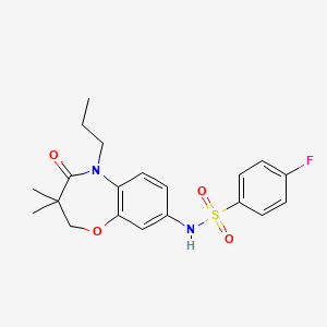 molecular formula C20H23FN2O4S B2845722 N-(3,3-dimethyl-4-oxo-5-propyl-2,3,4,5-tetrahydro-1,5-benzoxazepin-8-yl)-4-fluorobenzene-1-sulfonamide CAS No. 922049-64-7