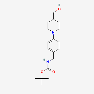molecular formula C18H28N2O3 B2845868 Tert-butyl (4-(4-(hydroxymethyl)piperidin-1-yl)benzyl)carbamate CAS No. 1427983-06-9