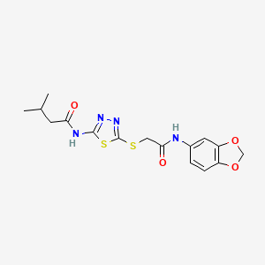 molecular formula C16H18N4O4S2 B2846223 N-[5-({[(2H-1,3-benzodioxol-5-yl)carbamoyl]methyl}sulfanyl)-1,3,4-thiadiazol-2-yl]-3-methylbutanamide CAS No. 868974-00-9