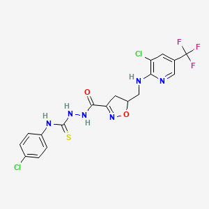 molecular formula C18H15Cl2F3N6O2S B2846286 N-(4-chlorophenyl)-2-{[5-({[3-chloro-5-(trifluoromethyl)-2-pyridinyl]amino}methyl)-4,5-dihydro-3-isoxazolyl]carbonyl}-1-hydrazinecarbothioamide CAS No. 338399-35-2