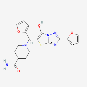molecular formula C19H19N5O4S B2846483 1-(Furan-2-yl(2-(furan-2-yl)-6-hydroxythiazolo[3,2-b][1,2,4]triazol-5-yl)methyl)piperidine-4-carboxamide CAS No. 887223-03-2