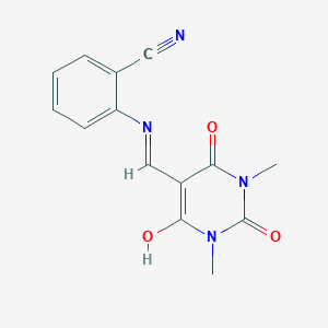 molecular formula C14H12N4O3 B2846526 2-({[1,3-二甲基-2,4,6-三氧代四氢-5(2H)-嘧啶基亚甲基]氨基)苯甲腈 CAS No. 338394-16-4