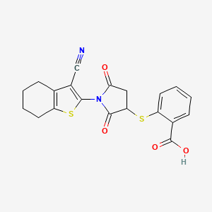 molecular formula C20H16N2O4S2 B2846529 2-((1-(3-Cyano-4,5,6,7-tetrahydrobenzo[b]thiophen-2-yl)-2,5-dioxopyrrolidin-3-yl)thio)benzoic acid CAS No. 459421-31-9