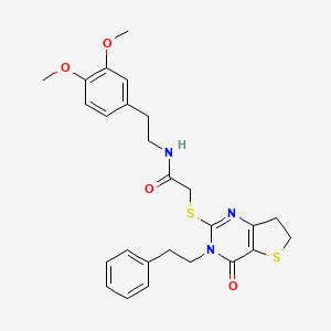 molecular formula C26H29N3O4S2 B2846535 N-(3,4-dimethoxyphenethyl)-2-((4-oxo-3-phenethyl-3,4,6,7-tetrahydrothieno[3,2-d]pyrimidin-2-yl)thio)acetamide CAS No. 877652-61-4