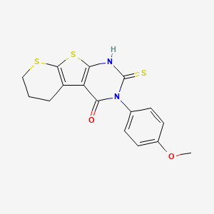 molecular formula C16H14N2O2S3 B2846552 4-(4-Methoxyphenyl)-5-sulfanyl-8,10-dithia-4,6-diazatricyclo[7.4.0.0^{2,7}]trideca-1(9),2(7),5-trien-3-one CAS No. 793716-05-9