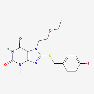 molecular formula C17H19FN4O3S B2846601 7-(2-ethoxyethyl)-8-((4-fluorobenzyl)thio)-3-methyl-1H-purine-2,6(3H,7H)-dione CAS No. 442864-69-9