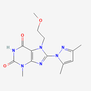 molecular formula C14H18N6O3 B2846611 8-(3,5-dimethyl-1H-pyrazol-1-yl)-7-(2-methoxyethyl)-3-methyl-1H-purine-2,6(3H,7H)-dione CAS No. 1019100-15-2