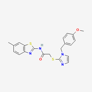 molecular formula C21H20N4O2S2 B2846673 2-((1-(4-methoxybenzyl)-1H-imidazol-2-yl)thio)-N-(6-methylbenzo[d]thiazol-2-yl)acetamide CAS No. 893375-34-3