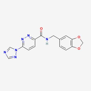 molecular formula C15H12N6O3 B2846779 N-(benzo[d][1,3]dioxol-5-ylmethyl)-6-(1H-1,2,4-triazol-1-yl)pyridazine-3-carboxamide CAS No. 1448072-75-0