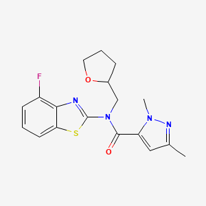 molecular formula C18H19FN4O2S B2846783 N-(4-fluoro-1,3-benzothiazol-2-yl)-1,3-dimethyl-N-[(oxolan-2-yl)methyl]-1H-pyrazole-5-carboxamide CAS No. 1013795-89-5