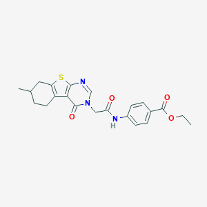 molecular formula C22H23N3O4S B284689 ethyl 4-{[(7-methyl-4-oxo-5,6,7,8-tetrahydro[1]benzothieno[2,3-d]pyrimidin-3(4H)-yl)acetyl]amino}benzoate 