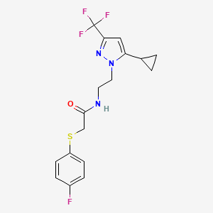 molecular formula C17H17F4N3OS B2846967 N-(2-(5-cyclopropyl-3-(trifluoromethyl)-1H-pyrazol-1-yl)ethyl)-2-((4-fluorophenyl)thio)acetamide CAS No. 1797977-34-4
