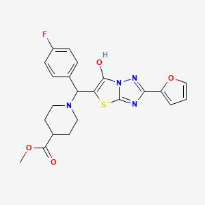molecular formula C22H21FN4O4S B2846988 methyl 1-[(4-fluorophenyl)[2-(furan-2-yl)-6-hydroxy-[1,2,4]triazolo[3,2-b][1,3]thiazol-5-yl]methyl]piperidine-4-carboxylate CAS No. 887222-05-1