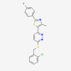 molecular formula C21H15ClFN3S2 B2847060 5-(6-((2-Chlorobenzyl)thio)pyridazin-3-yl)-2-(4-fluorophenyl)-4-methylthiazole CAS No. 923677-49-0