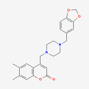 molecular formula C24H26N2O4 B2847076 4-((4-(benzo[d][1,3]dioxol-5-ylmethyl)piperazin-1-yl)methyl)-6,7-dimethyl-2H-chromen-2-one CAS No. 877795-05-6