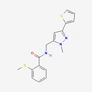 molecular formula C17H17N3OS2 B2847126 N-{[1-methyl-3-(thiophen-2-yl)-1H-pyrazol-5-yl]methyl}-2-(methylsulfanyl)benzamide CAS No. 2309748-03-4