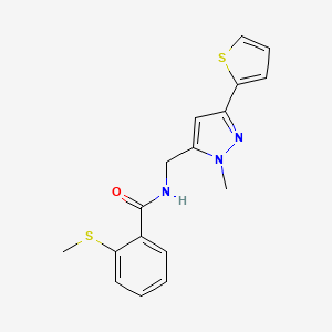 molecular formula C17H17N3OS2 B2847126 2-Methylsulfanyl-N-[(2-methyl-5-thiophen-2-ylpyrazol-3-yl)methyl]benzamide CAS No. 2309748-03-4