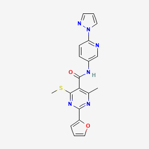 molecular formula C19H16N6O2S B2847294 2-(furan-2-yl)-4-methyl-6-(methylsulfanyl)-N-[6-(1H-pyrazol-1-yl)pyridin-3-yl]pyrimidine-5-carboxamide CAS No. 1211384-66-5