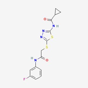 molecular formula C14H13FN4O2S2 B2847346 N-[5-({[(3-fluorophenyl)carbamoyl]methyl}sulfanyl)-1,3,4-thiadiazol-2-yl]cyclopropanecarboxamide CAS No. 893330-85-3