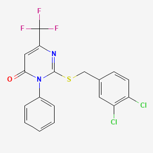molecular formula C18H11Cl2F3N2OS B2847447 2-[(3,4-Dichlorophenyl)methylsulfanyl]-3-phenyl-6-(trifluoromethyl)pyrimidin-4-one CAS No. 692287-47-1