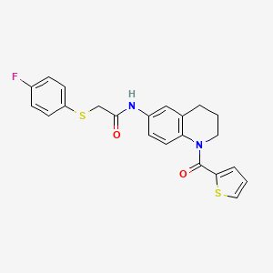 molecular formula C22H19FN2O2S2 B2847475 2-((4-fluorophenyl)thio)-N-(1-(thiophene-2-carbonyl)-1,2,3,4-tetrahydroquinolin-6-yl)acetamide CAS No. 1207021-55-3