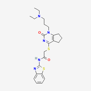 molecular formula C23H29N5O2S2 B2847647 N-(1,3-benzothiazol-2-yl)-2-({1-[3-(diethylamino)propyl]-2-oxo-1H,2H,5H,6H,7H-cyclopenta[d]pyrimidin-4-yl}sulfanyl)acetamide CAS No. 898460-52-1