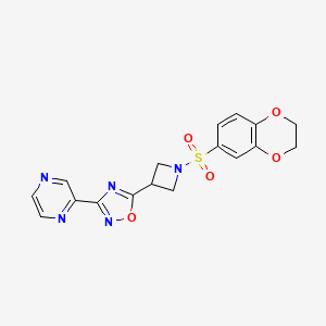 molecular formula C17H15N5O5S B2847865 5-(1-((2,3-Dihydrobenzo[b][1,4]dioxin-6-yl)sulfonyl)azetidin-3-yl)-3-(pyrazin-2-yl)-1,2,4-oxadiazole CAS No. 1323791-33-8