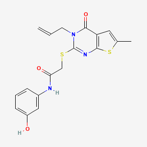 molecular formula C18H17N3O3S2 B2848396 N-(3-hydroxyphenyl)-2-{[6-methyl-4-oxo-3-(prop-2-en-1-yl)-3H,4H-thieno[2,3-d]pyrimidin-2-yl]sulfanyl}acetamide CAS No. 878699-16-2