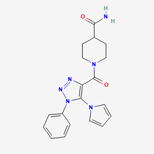molecular formula C19H20N6O2 B2848427 1-(1-phenyl-5-(1H-pyrrol-1-yl)-1H-1,2,3-triazole-4-carbonyl)piperidine-4-carboxamide CAS No. 1798525-31-1