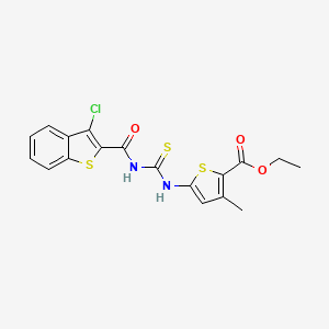molecular formula C18H15ClN2O3S3 B2848486 Ethyl 5-(3-(3-chlorobenzo[b]thiophene-2-carbonyl)thioureido)-3-methylthiophene-2-carboxylate CAS No. 477568-29-9