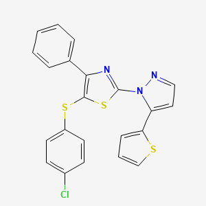 molecular formula C22H14ClN3S3 B2848636 5-[(4-chlorophenyl)sulfanyl]-4-phenyl-2-[5-(thiophen-2-yl)-1H-pyrazol-1-yl]-1,3-thiazole CAS No. 956372-19-3