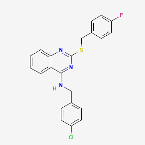 molecular formula C22H17ClFN3S B2848765 N-[(4-chlorophenyl)methyl]-2-{[(4-fluorophenyl)methyl]sulfanyl}quinazolin-4-amine CAS No. 422531-97-3