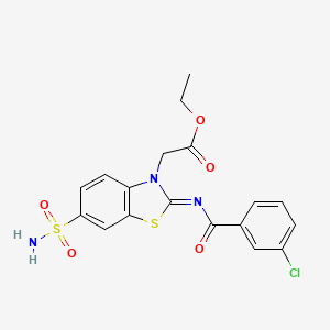 molecular formula C18H16ClN3O5S2 B2849056 ethyl 2-[(2Z)-2-[(3-chlorobenzoyl)imino]-6-sulfamoyl-2,3-dihydro-1,3-benzothiazol-3-yl]acetate CAS No. 865247-51-4