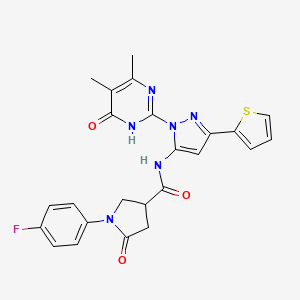 molecular formula C24H21FN6O3S B2849264 N-(1-(4,5-dimethyl-6-oxo-1,6-dihydropyrimidin-2-yl)-3-(thiophen-2-yl)-1H-pyrazol-5-yl)-1-(4-fluorophenyl)-5-oxopyrrolidine-3-carboxamide CAS No. 1171355-99-9