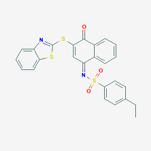 molecular formula C25H18N2O3S3 B284948 N-[(1Z)-3-(1,3-BENZOTHIAZOL-2-YLSULFANYL)-4-OXO-1,4-DIHYDRONAPHTHALEN-1-YLIDENE]-4-ETHYLBENZENE-1-SULFONAMIDE 