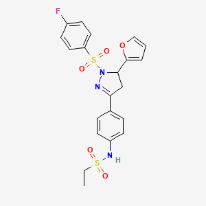 molecular formula C21H20FN3O5S2 B2849895 N-{4-[1-(4-fluorobenzenesulfonyl)-5-(furan-2-yl)-4,5-dihydro-1H-pyrazol-3-yl]phenyl}ethane-1-sulfonamide CAS No. 832686-20-1