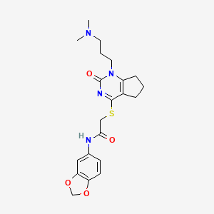 molecular formula C21H26N4O4S B2850294 N-(2H-1,3-benzodioxol-5-yl)-2-({1-[3-(dimethylamino)propyl]-2-oxo-1H,2H,5H,6H,7H-cyclopenta[d]pyrimidin-4-yl}sulfanyl)acetamide CAS No. 898459-92-2