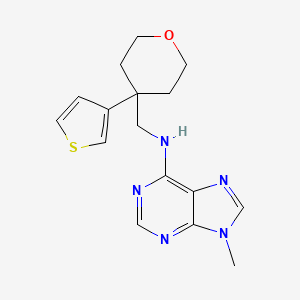 B2850383 9-Methyl-N-[(4-thiophen-3-yloxan-4-yl)methyl]purin-6-amine CAS No. 2379984-55-9