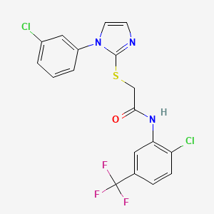 molecular formula C18H12Cl2F3N3OS B2850403 N-[2-chloro-5-(trifluoromethyl)phenyl]-2-{[1-(3-chlorophenyl)-1H-imidazol-2-yl]sulfanyl}acetamide CAS No. 851132-79-1