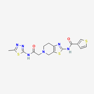 molecular formula C16H16N6O2S3 B2850473 N-(5-{[(5-methyl-1,3,4-thiadiazol-2-yl)carbamoyl]methyl}-4H,5H,6H,7H-[1,3]thiazolo[5,4-c]pyridin-2-yl)thiophene-3-carboxamide CAS No. 1795484-02-4