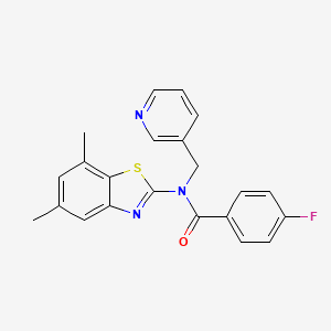 molecular formula C22H18FN3OS B2850713 N-(5,7-dimethyl-1,3-benzothiazol-2-yl)-4-fluoro-N-[(pyridin-3-yl)methyl]benzamide CAS No. 895422-32-9